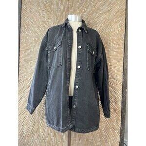 HM H&M Black Oversized Women Jean Denim Jacket Pockets Sz M